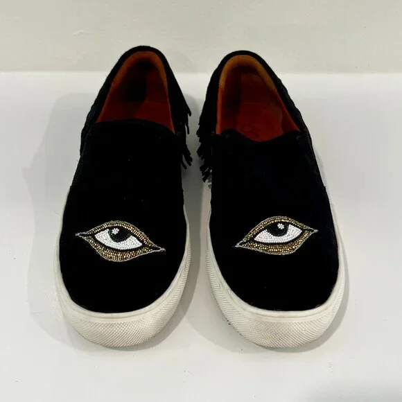 FIGUE Suede Fringe Evil Eye Slip on Shoes 7.5 Bohemian Moccasin - Picture 3 of 6